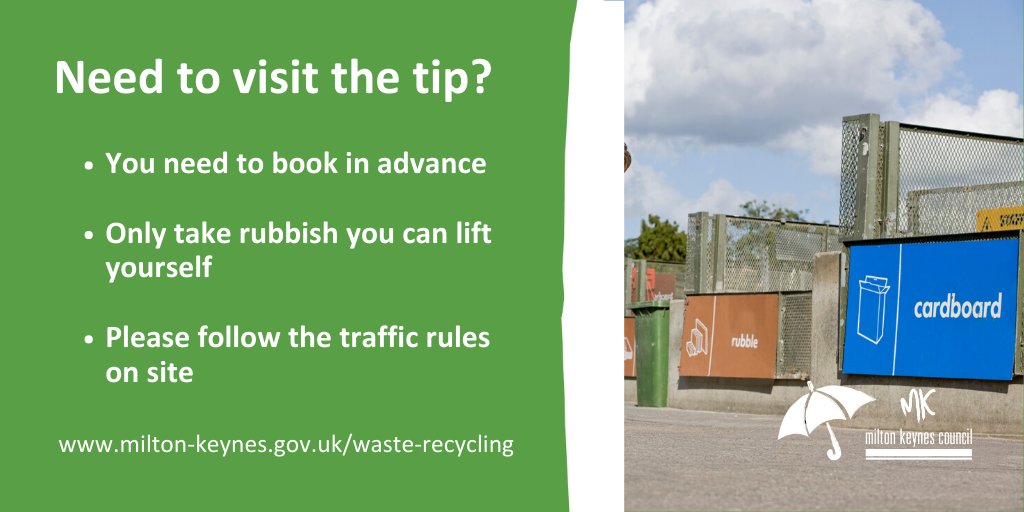 Need to visit the tip? 

🟢 You need to book in advance
🟢 Only take rubbish you can lift yourself
🟢 Please follow the traffic rules on site

Find out more here: milton-keynes.gov.uk/waste-recycling #LoveMK