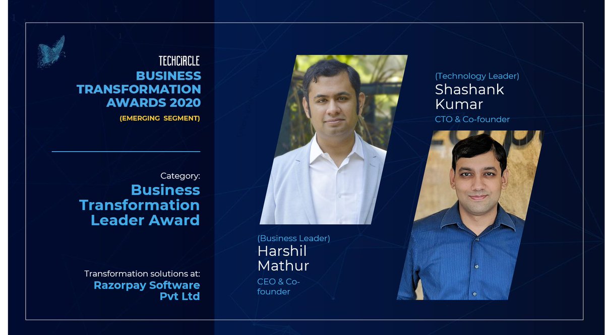 TechCircleIndia's tweet image. The first award in the category of &apos;Business Transformation Leader&apos; goes to @shashank_kr and @harshilmathur of Razorpay Software Pvt Ltd. 
  
 #TechCircle #TCAwards #Awards #BusinessTransformation #Leaders