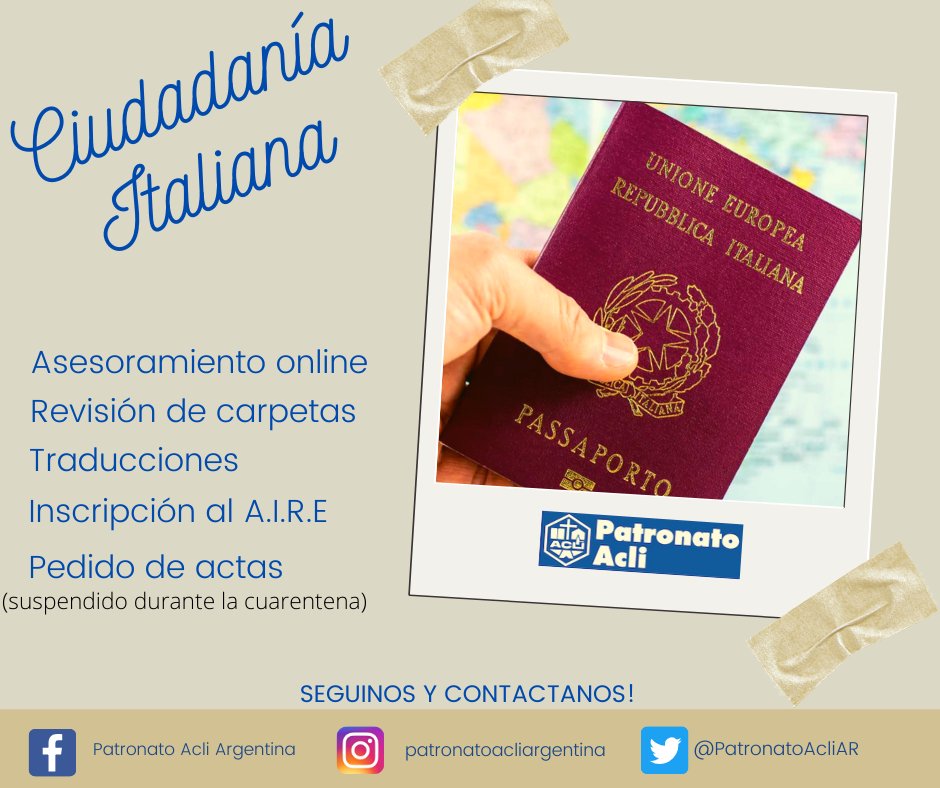 PatronatoAcliAR's tweet photo. ASESORAMIENTO ONLINE- CIUDADANÍA ITALIANA🇮🇹

¿Tenés dudas sobre el trámite? En el PATRONATO ACLI te ofrecemos todos estos servicios para ayudarte a obtener tu #CiudadaniaItaliana 
Consultanos! https://t.co/vB2YgwpPbS https://t.co/55kZehqU4o