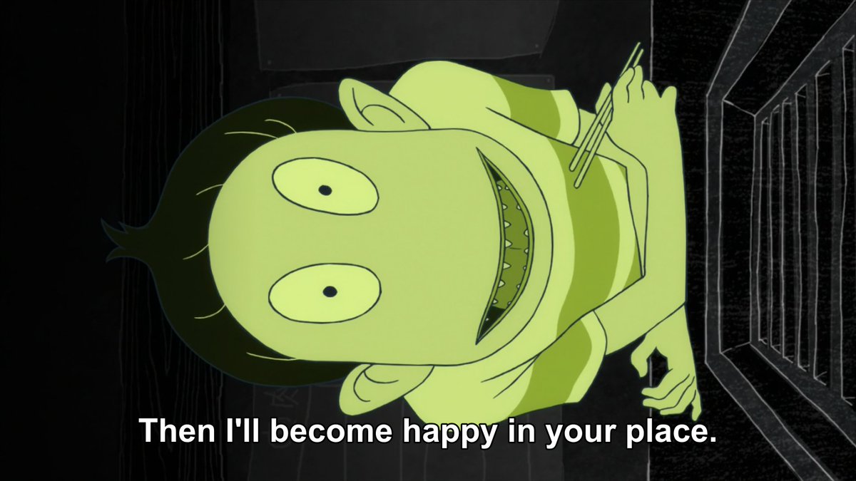 happiness because of the misfortune he has inflicted onto other people before. Even after seeing his partner in crime, Ozu, attempting to change his way of life and living happily, he still can't seem to understand what's the right thing to do.