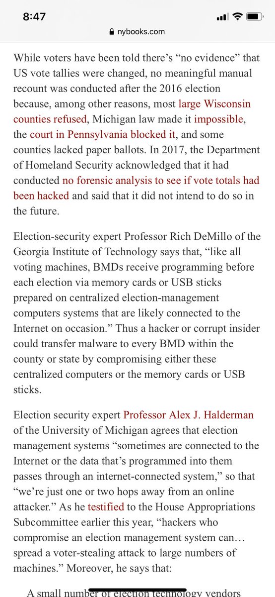 I discussed the sham 2016 recount and apparent lack of forensic analysis here: 3/  https://www.nybooks.com/daily/2019/12/17/how-new-voting-machines-could-hack-our-democracy/