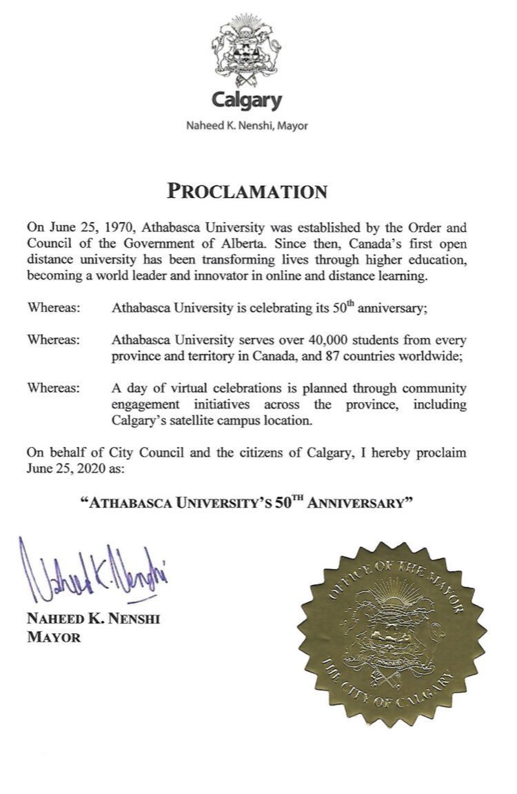 nenshi's tweet photo. Today is @AthabascaU’s 50th Anniversary.

For the last half century, Athabasca University has been providing Calgarians the option to add to their education by distance education. This flexibility and opportunity has improved and changed lives. 

Congratulations on your first 50! https://t.co/YVJQavRvfk