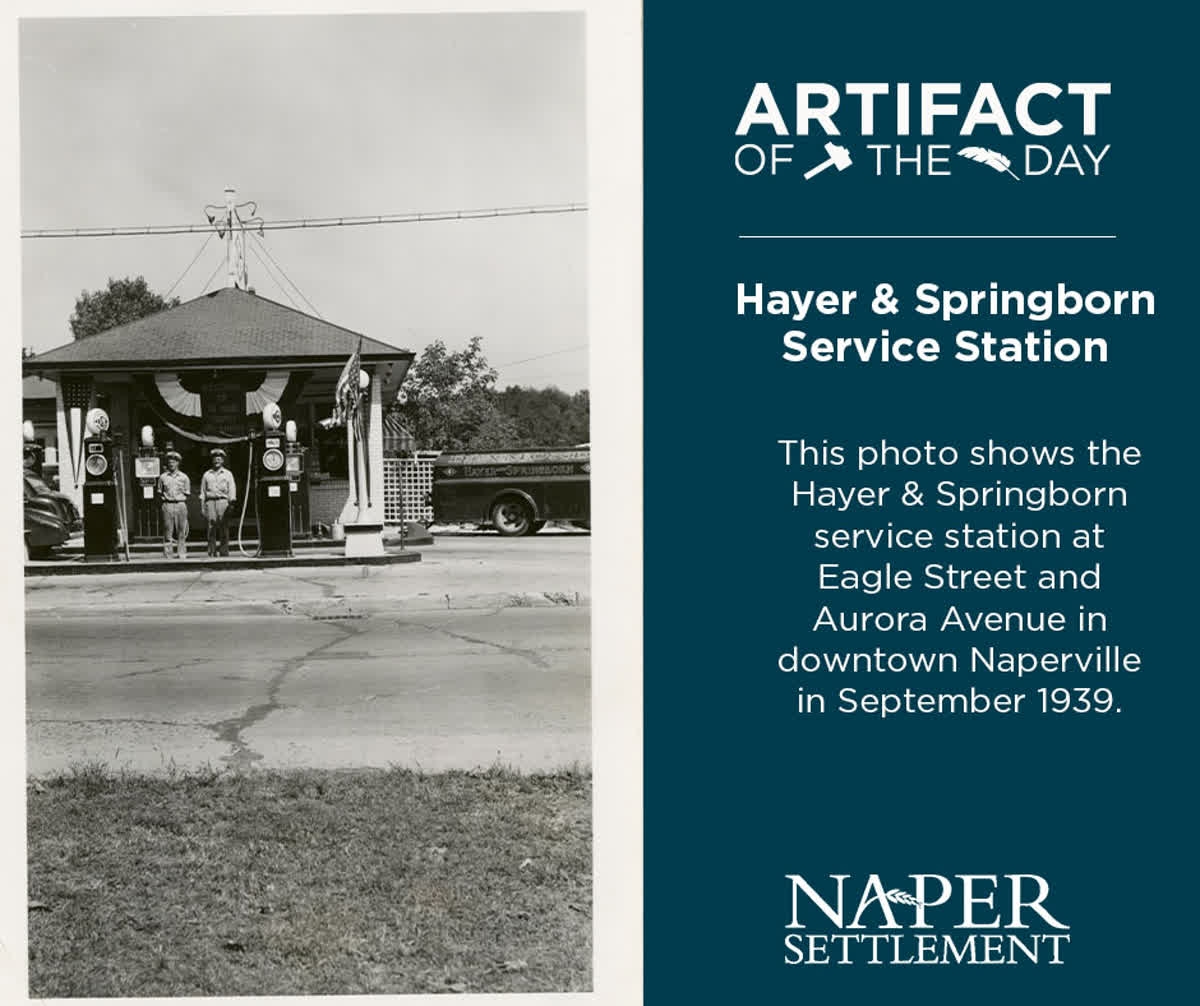 This photo shows the Hayer &amp; Springborn service station at Eagle Street and Aurora Avenue in downtown Naperville from September 1939. The man on the left is Leo Keufler, and the man on the right is Henry Springborn.