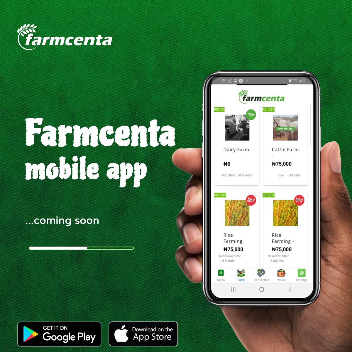 farmcenta's tweet image. We Are Launching Our Mobile App Soon!! The countdown just began.

Get ready for:
- Better user-friendly interface
- Faster investment experience
- Quicker access to your dashboard

AND MANY MORE!!

Stay tuned.
#mobileapp #applaunch #mobilefarming #farmingonthego #agricinvestment