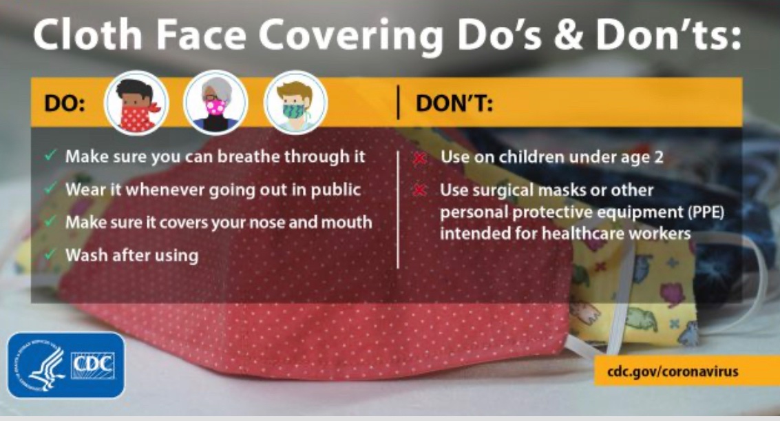 Wearing a cloth face covering CORRECTLY can help prevent the spread of #COVID19 to others. When you go out on essential trips, follow these “do’s”. If you have a child, remember those under age 2 should not wear a face covering. See  cdc.gov/coronavirus/20…