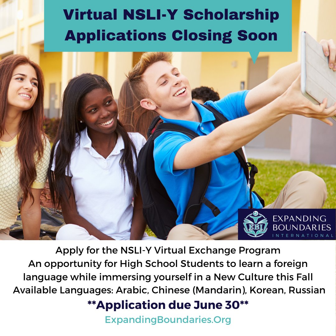 EBOUNDARIES's tweet image. Application for Virtual NSLI-Y Exchange Program Scholarship is closing soon! Visit expandingboundaries.org/nsli-y/ for information on applying for the scholarship. #nonprofit #nonprofitorganization #virtualexchangeprogram #studyabroadscholarship #expandingboundariesinternational