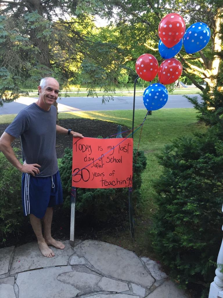 Raby_LDSB's tweet photo. Congrats to Mr. Down on what would have been his last day teaching.  An odd way to finish a 30 year teaching career, but as usual, he’s all smiles.  You will be missed by @CalvinPark_LDSB and @LimestoneDSB https://t.co/XIOIvsxu3r