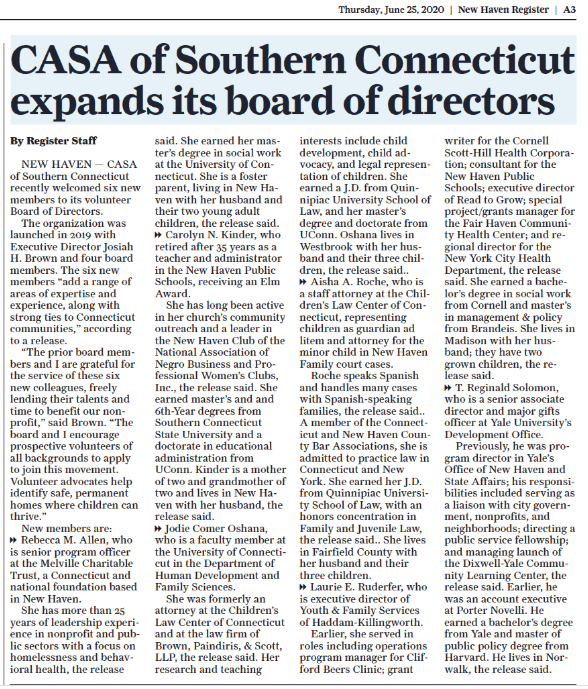 .<a href="/nhregister/">New Haven Register</a>, 6 board members: 
@Becca_M_Allen MSW
CN Kinder PhD
JC Oshana JD PhD
AA Roche JD
LE Ruderfer MMP
<a href="/reggiesolomon/">Reggie Solomon</a> MPP
<a href="/NationalCASAGAL/">National CASA/GAL Association for Children</a> network, we advocate for #CT children to find safe, permanent homes, thrive.
#Volunteer to #ChangeAChildsStory
nhregister.com/opinion/articl…