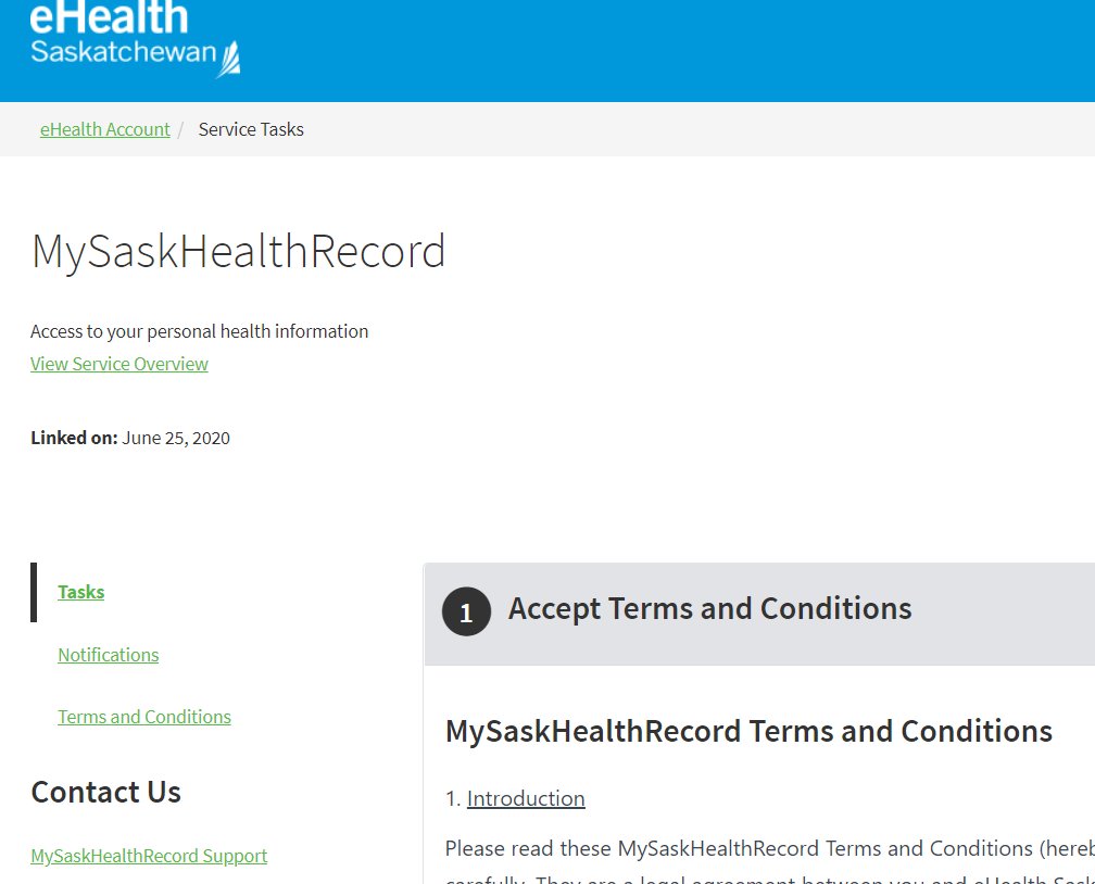 14) Now it appears that I have an eHealth service linked to  http://Saskatchewan.ca&nbsp;. But as far as I know, I don't have an eHealth account yet. But it gives me the option to read a ToS and agree, so let's do that...