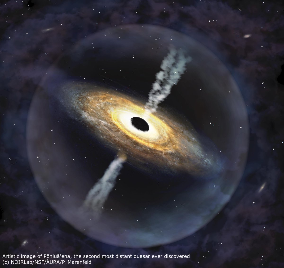 #BreakingNews #Urgente 

Buraco Negro massivo encontrado no Universo Primitivo (apenas 700 milhões de anos após o Big Bang), usando os observatórios Gemini e CTIO. Pōniuāʻena é o segundo quasar mais distante já descoberto.

Press release: nationalastro.org/news/monster-b…