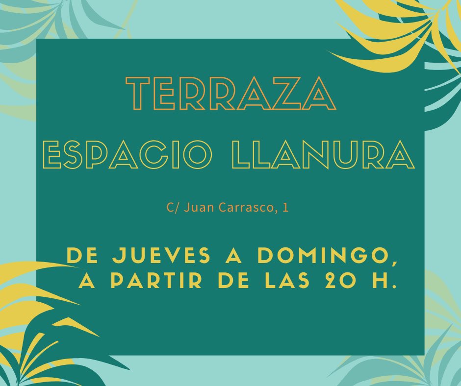 🔴 TERRAZA LLANURA‼

Os esperamos de jueves a domingo desde las 8️⃣ de la tarde... en C/ Juan Carrasco, 1 🤨 

Y para los más futboleros ⚽, la liga en pantalla gigante‼