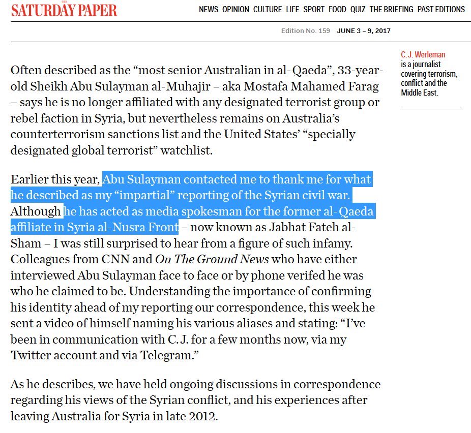 Holy shit ! The media spokesman for Al Qaeda in  #Syria (a foriegn jihadist) personally reached out to CJ Werleman to thank him for his pro-Jihadi writing on the war in  #Syria.