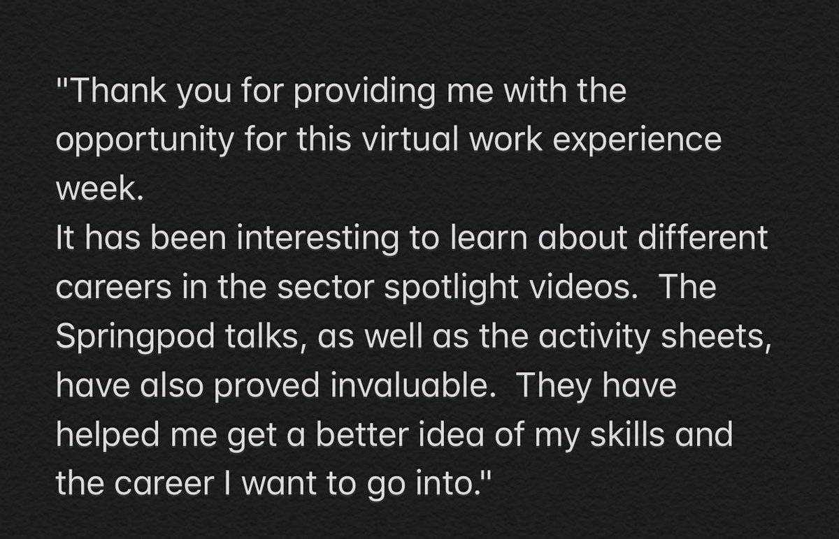 Great feedback from a student in #Birmingham who recently completed our virtual work experience programme in partnership with <a href="/springpod/">Springpod</a> 🙌 Together, we will #inspirefutureleaders #sectorspotlightsessions