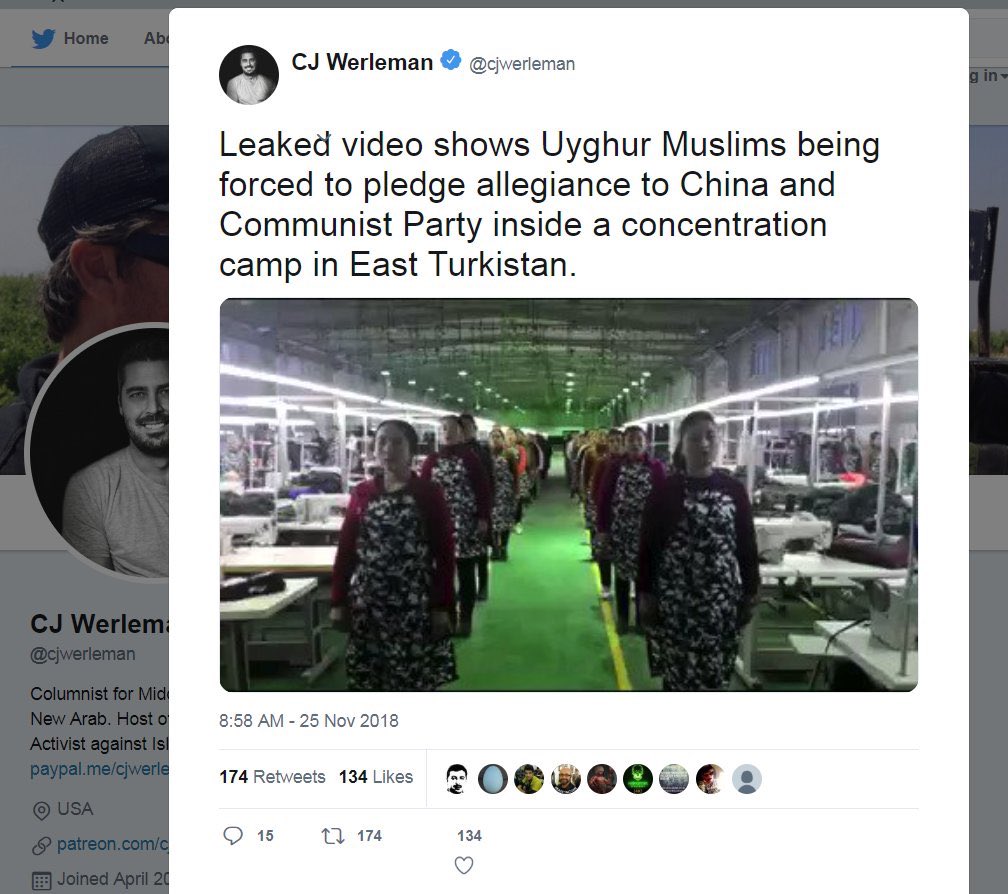 As usual, he posts and deletes his tweet with a fake video of a supposed Chinese "concentration camp" for  #Uyghurs, which was actually just Chinese women in a factory. The absurd disinformation is archived here:  http://archive.fo/bX8fX  #fakenews