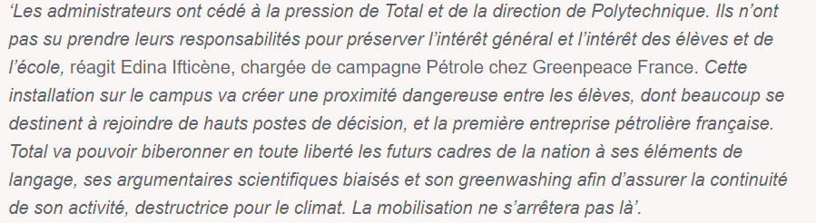 greenpeacefr's tweet photo. 🚨Suite au CA de @Polytechnique, l'implantation d’un centre de recherche de Total sur le campus de l’école a été validée 😠

Les administrateurs ont choisi de privilégier les intérêts privés de @Total face à l'intérêt général.
Notre réaction complète : 
👉https://t.co/6FtgOs4Lef https://t.co/kK3oQENtEh