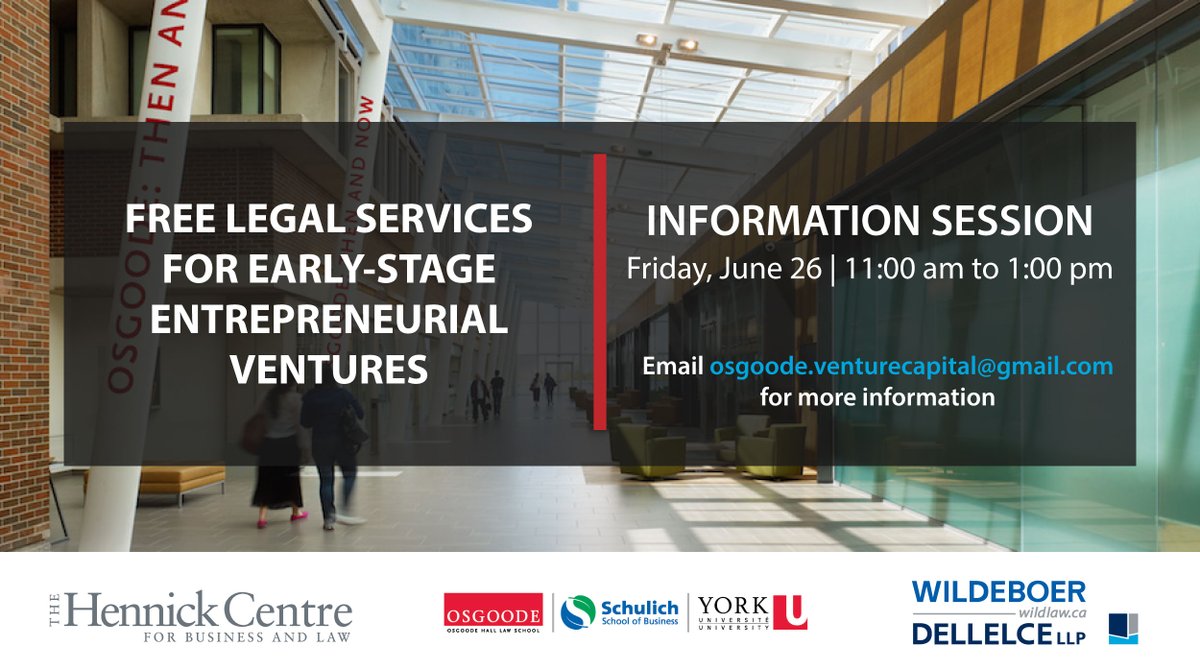 OsgoodeVC's tweet image. Are you an entrepreneur? Want pro-bono legal advice from a Bay St law firm? The Osgoode Venture Capital Clinic is here to help! Book a free online session to learn more about the OVC. Our next presentation will be held on June 26th on Zoom. Register at bit.ly/2N8hpWs
