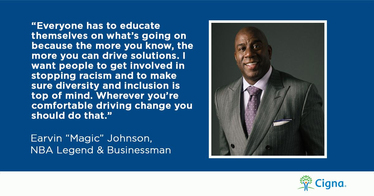 Cigna's tweet photo. Thank you @MagicJohnson for joining Cigna and @DiversityInc’s virtual panel to advance the national conversation on systemic racism in our communities and how we can be effective partners. https://t.co/APgPdNlXSg