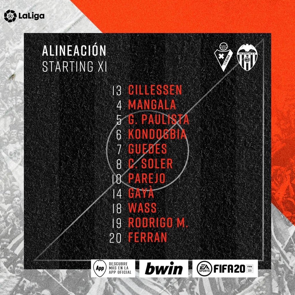 Domingortiz's tweet photo. | XI del #VCF | ⚪️⚫️🦇
🧤 Cillessen
🛡 Wass, Paulista, Mangala, Gayà
💡 Kondogbia, Parejo, Carlos Soler, Guedes
⚽️ Ferran Torres, Rodrigo
#eibarVCF #LaLiga https://t.co/XCLPdBXXTC