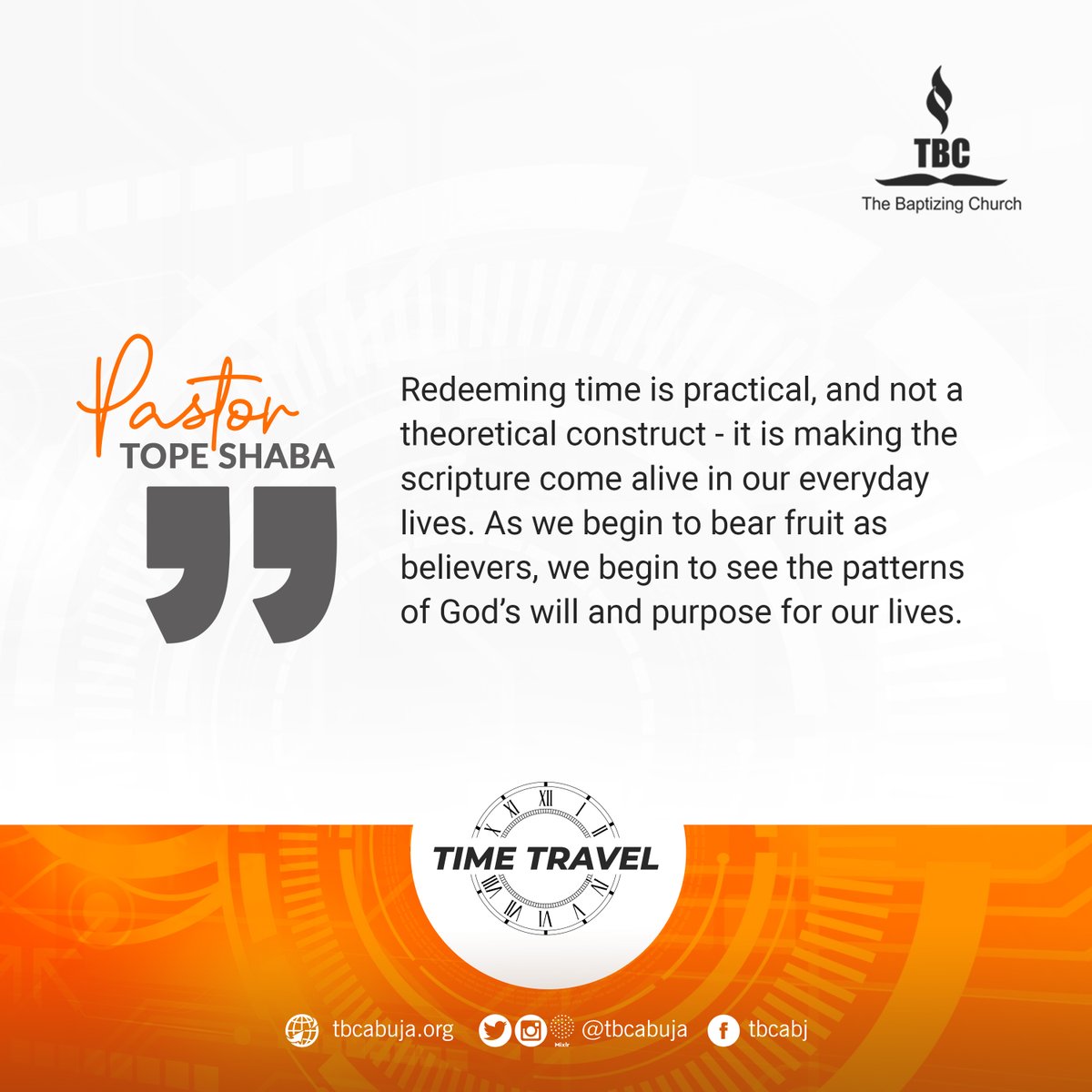 tbcabuja's tweet photo. How do you make the most of the present? It is possible to redeem time and make each moment truly count.
#TBCExcel #TimeTravel #RedeemTime https://t.co/pCwmagfxv9