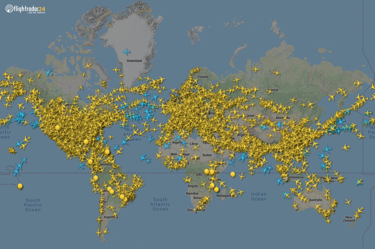 flightradar24's tweet photo. Still well over 10,000 flights in the air around the world as of 16:30 UTC. Possibly the busiest day in the skies since late March. Follow live air traffic at https://t.co/krDfUYSbzK or download our free app at https://t.co/f99qumJeIk. https://t.co/CplNwR31Y8