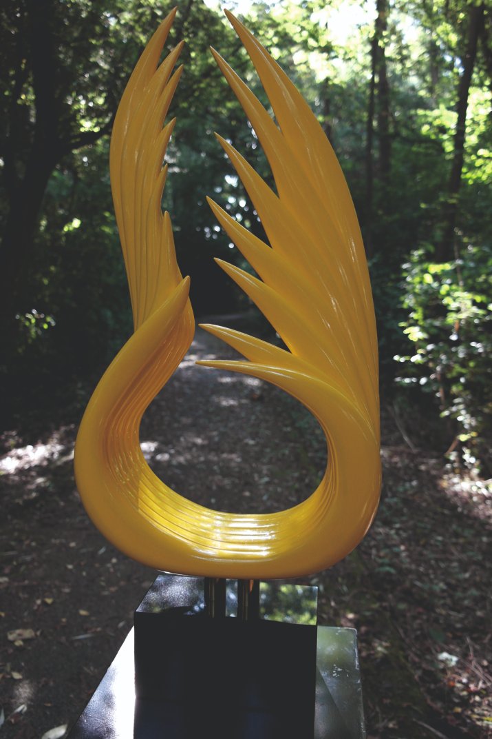 Three yellow sculptures in Art Gallery PTAH Kunstadvies in Tegelen, Limburg (NL).