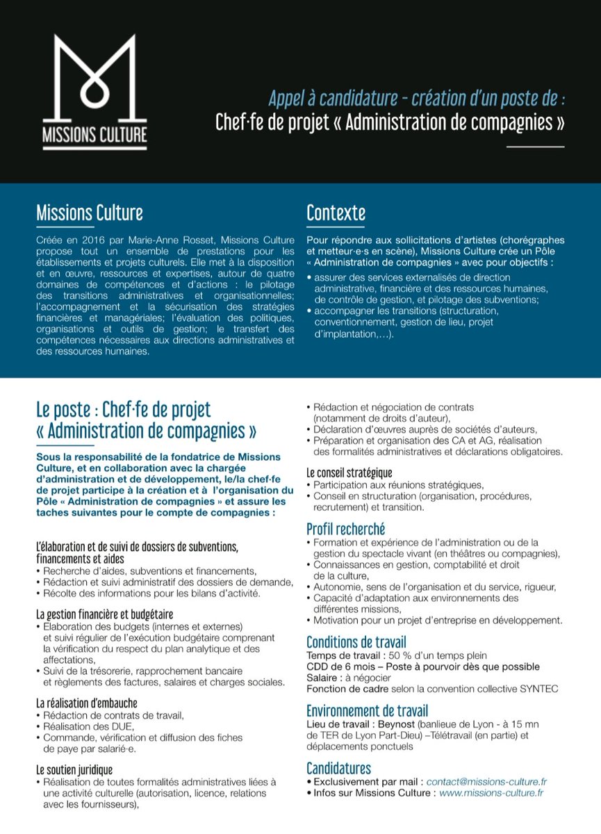 artyfolies's tweet photo. Missions Culture recrute un.e Chef.fe de projet "Administration de compagnies" @grandlyon #emploi #recrutement #culture #administration #spectacle #theatre #lyon #job #offre https://t.co/sHkS6sMlSx