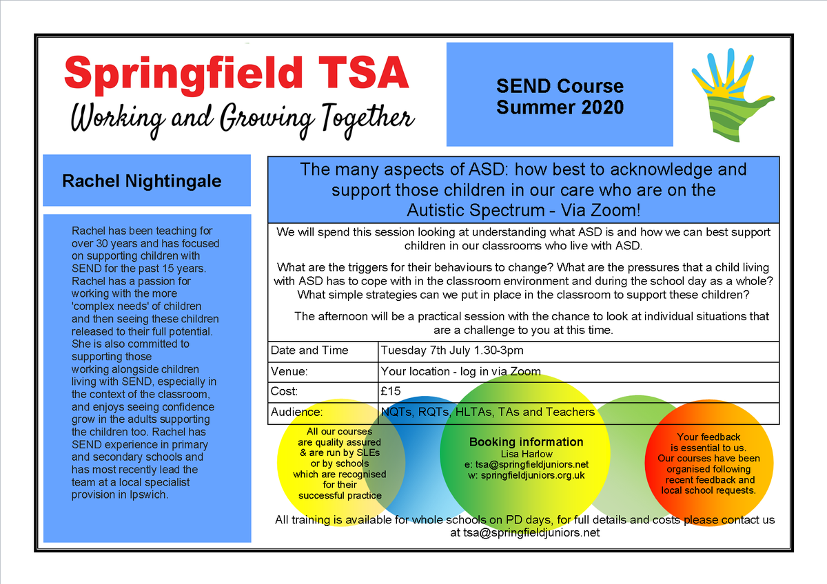 springfield_tsa's tweet photo. Next week we have two Zoom SEN courses - Wed 1st July ADHD and Thurs 2nd July GDD. To find out more visit our website https://t.co/eUQODE4bTE or email: tsa@springfieldjuniors.net https://t.co/hI3x47mViz