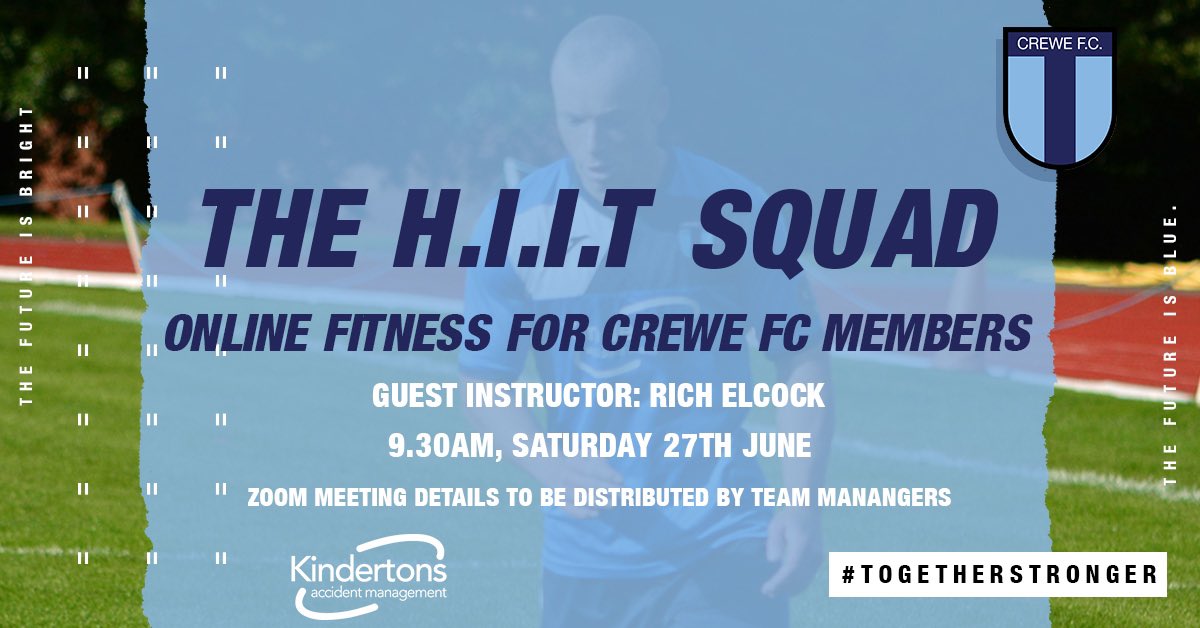 CreweFC's tweet photo. GET RICH OR CRY TRYING! 🥵
@CreweFC 1st Teamer @rich_elcock90 will be putting our members through their paces on our online #HIIT Session this Saturday morning!
See you all there!!
9.30am on Zoom.
#HIITSquad #CreweFC https://t.co/BFwim31F5P