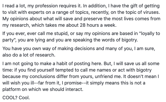 KtthTodd's tweet photo. So, Todd posted this on his personal Facebook page today. What are your stories of losing friends because of Covid and politics? Todd's post is in response to the mask order from Jay Inslee. https://t.co/cHjc9sX9Pl