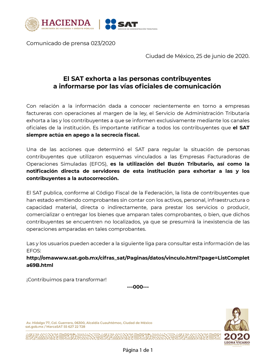 SATMX's tweet photo. #ComunicadoSAT

El SAT exhorta a las personas contribuyentes a informarse por las vías oficiales de comunicación.

Información de las EFOS: https://t.co/P9E2gOYJWs https://t.co/VUgio0MBIZ