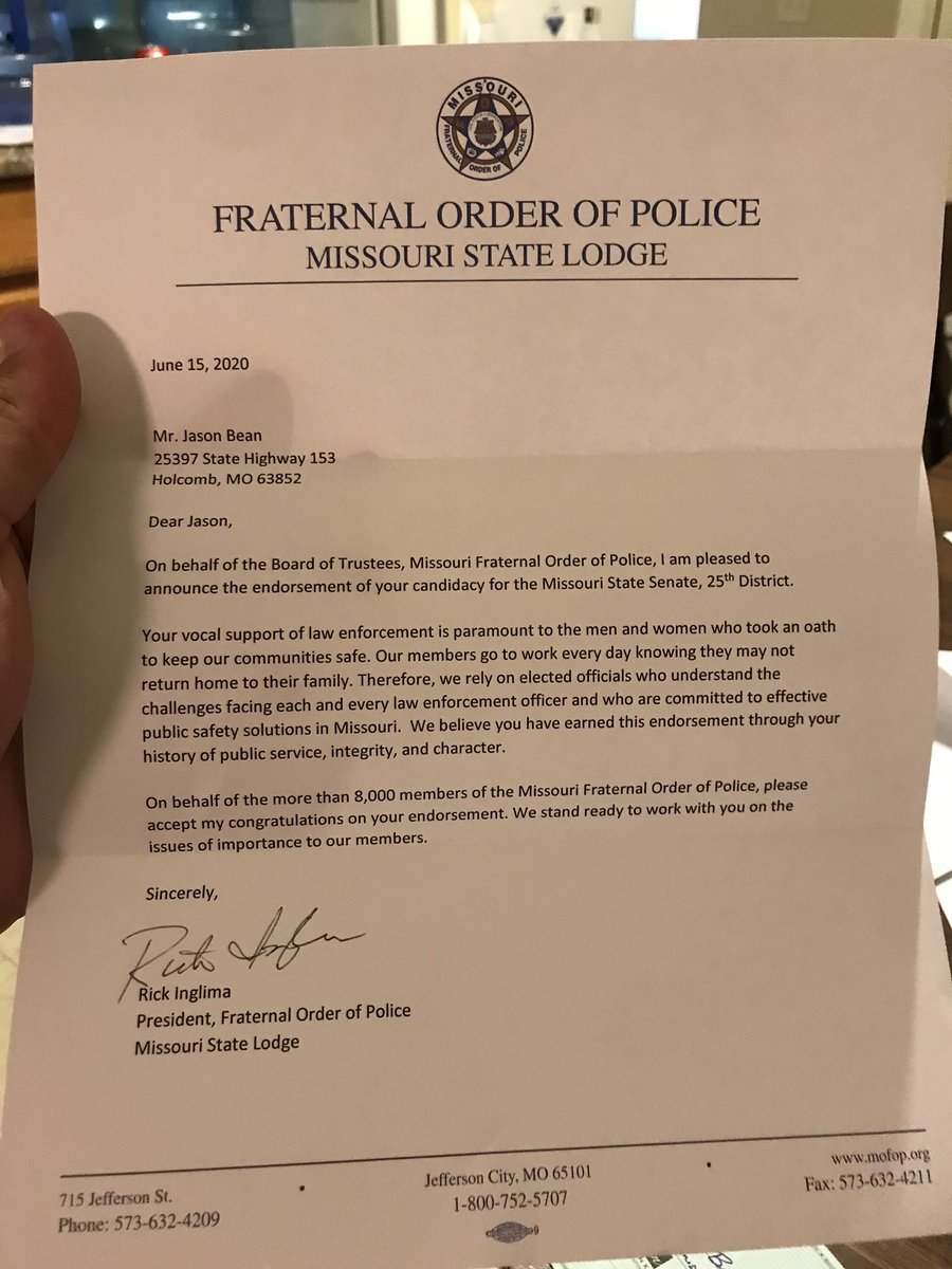 BeanSenate's tweet photo. Very proud and grateful to receive the endorsement of the Fraternal Order of Police #sendafarmertothesenate #teambean #backthebadge https://t.co/SgGGkJZfTw