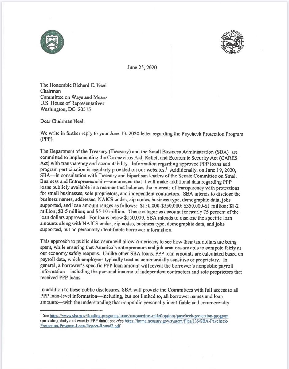 The full letter that SBA and Treasury sent to lawmakers today on releasing PPP loan data: