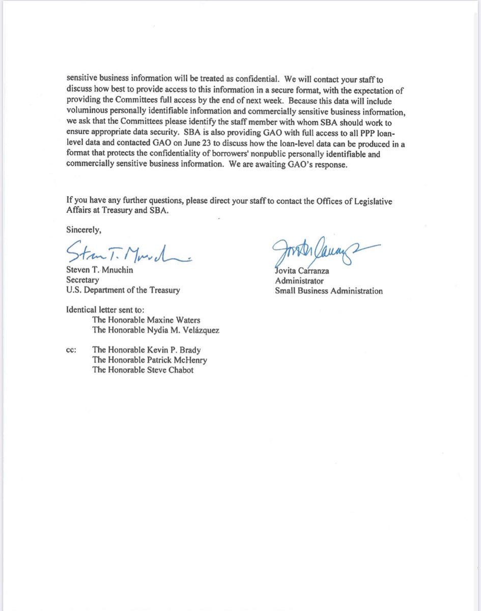 The full letter that SBA and Treasury sent to lawmakers today on releasing PPP loan data: