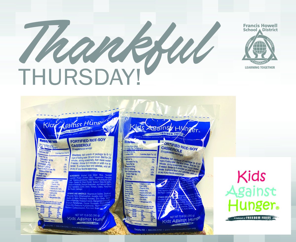 FrancisHowell's tweet photo. #ThankfulThursday...Thank you to Dan Vincent and @KAHStPeters for donating pallets of bagged rice casserole to support our Meal Assistance Program this spring. Thanks to #FHSDCommunity partners like this, FHSD has been able to provide meal boxes to over 400 families a week. https://t.co/x6rpiUmR88