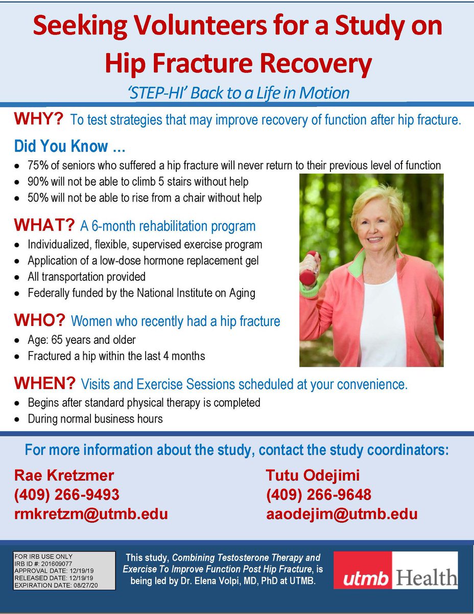 UTMB_SCOA's tweet photo. Seeking Volunteers for a Study on Hip Fracture Recovery: ‘STEP-HI’ Back to a Life in Motion. Women volunteers needed age 65 and older who have had a recent hip fracture. Learn More: https://t.co/880x6dgCN1
#STEPHI https://t.co/NyjsnT3nx9