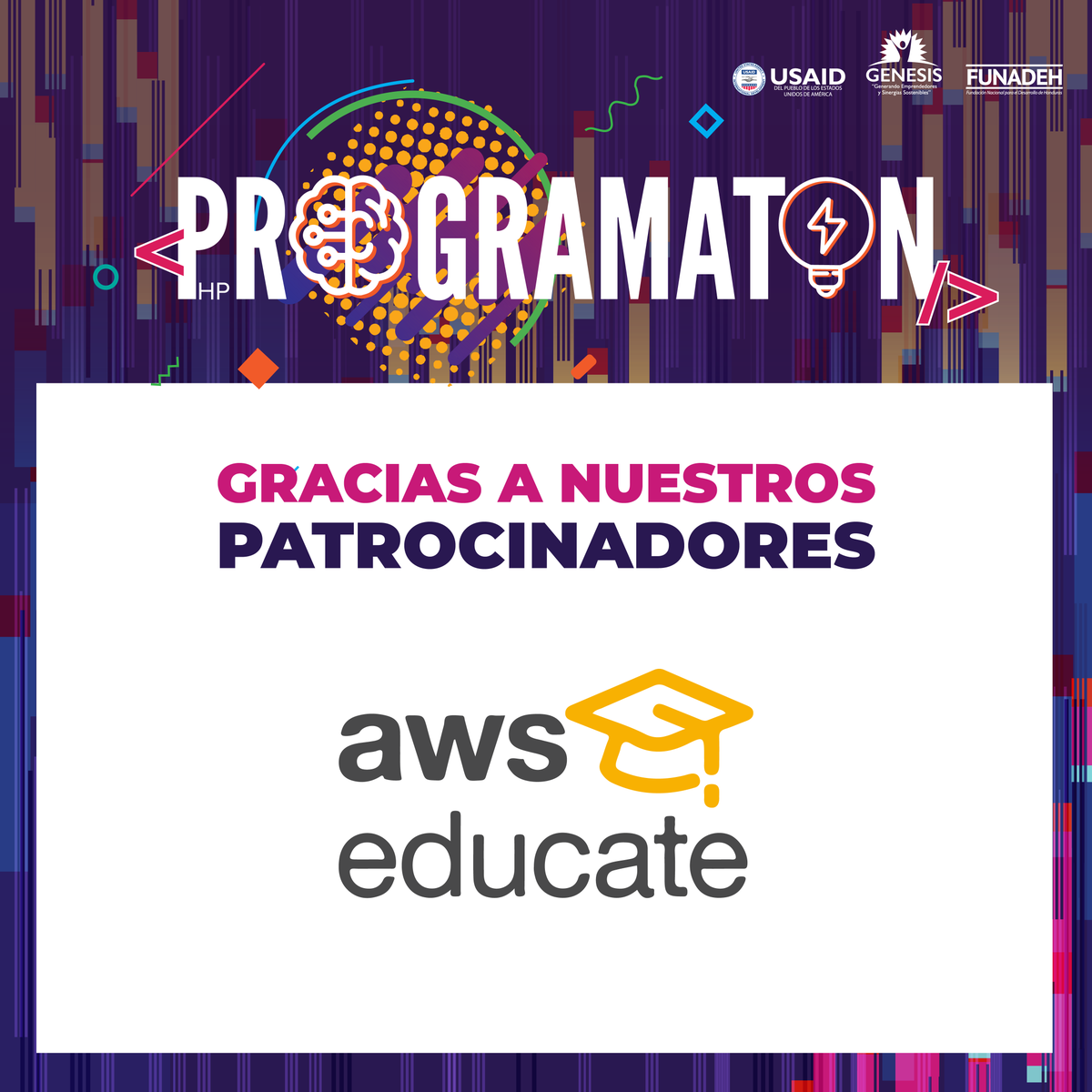 FUNADEH_GENESIS's tweet photo. Agradecemos cordialmente a nuestros patrocinadores por apoyar a #PROGRAMATON2020 y así poder seguir formando a nuestros jóvenes en el desarrollo tecnológico. ¡Gracias @AWSLatam ! https://t.co/k3ovUdFaRl