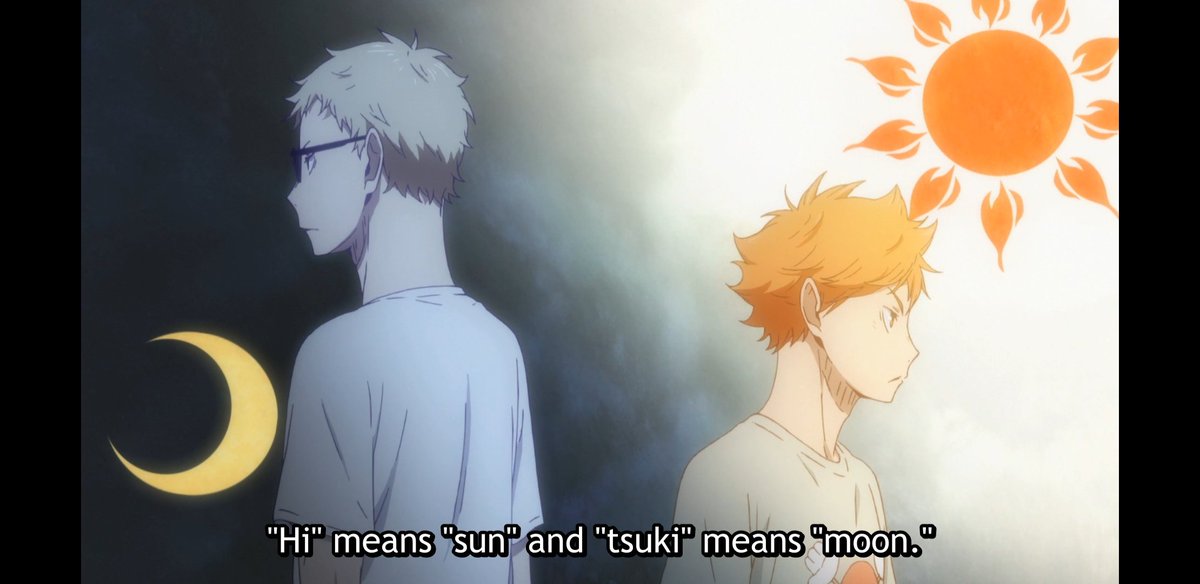 so ig to start off, id like to point out the relationship between hinata and tsukishima; sun and moonthe sun and the moon are polar opposites when it comes to their purpose. the sun shines in the day, while the moon shines at night. of course, it isn't entirely different