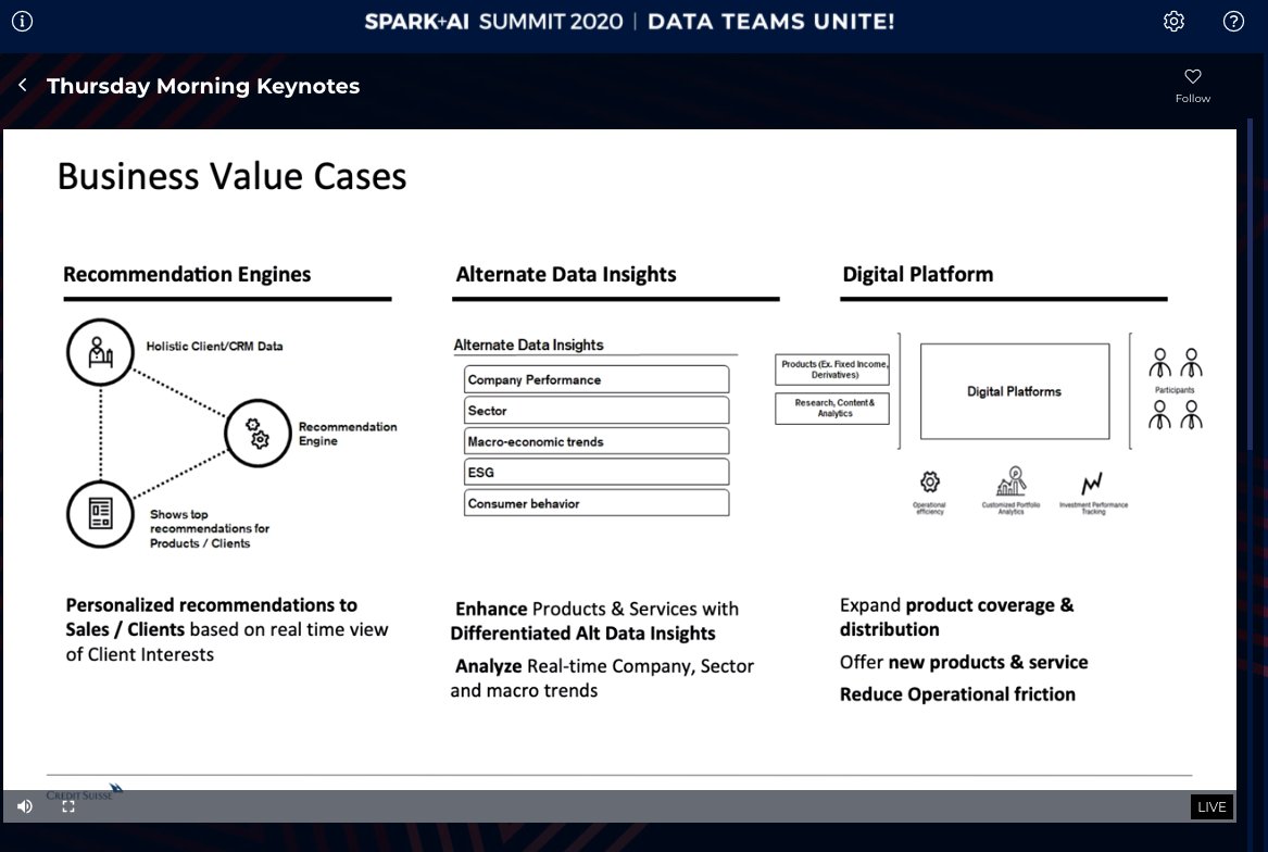 MichaelOrtegaSF's tweet image. #SparkAISummit Keynote: @CreditSuisse on building an agile environment for #ML with @databricks @MLflow. Tons of use cases: creating new #financial markets, improving trading and personalizing the customer experience. #DataTeam #AlternativeData