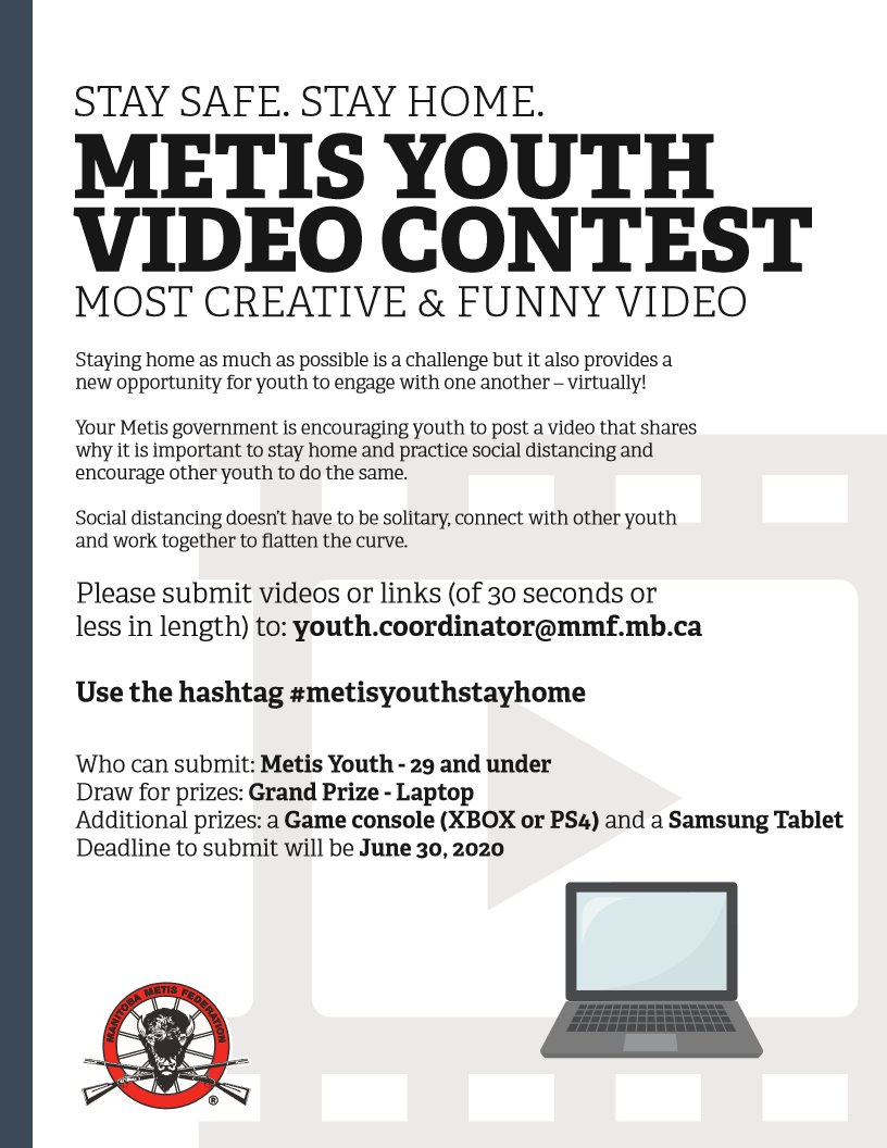 Manitoba Métis Federation (@mbmetis_mmf) on Twitter photo Staying home as much as possible is a challenge, but it also provides an opportunity for youth to engage with each other – virtually! Submit your video to youth.coordinator@mmf.mb.ca before next Tuesday, June 30 for a chance to win some great prizes! #metisyouthstayhome Staying home as much as possible is a challenge, but it also provides an opportunity for youth to engage with each other – virtually! Submit your video to youth.coordinator@mmf.mb.ca before next Tuesday, June 30 for a chance to win some great prizes! #metisyouthstayhome