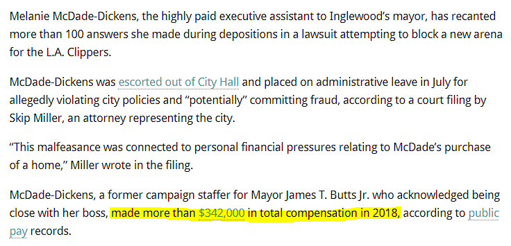 And the same  @MayorButts who may or may not have had an affair with a city executive.To me, this smells EXTREMELY SIMILAR to 2005  @josehuizar shit. https://www.dailybreeze.com/2019/10/30/suspended-assistant-to-inglewood-mayor-turns-on-city-in-lawsuit-trying-to-block-la-clippers-arena/