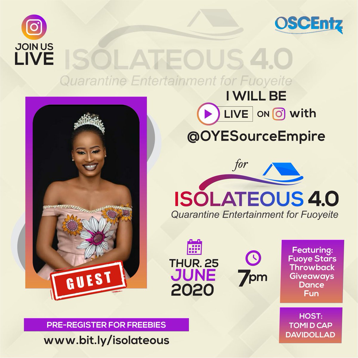 OSourceHQ's tweet photo. Few minutes to ♦️ ISOLATEOUS 4.0 by 7:00pm today
It's another experience tonight
Don't hesitate to join us 7pm today LIVE as we make another history at ISOLATEOUS 4.0
@OSCEntz Team Promised to make it fun-filled and another unique experience
#OSCEntz #Isolateous #Isolateous4 https://t.co/hn2EcaQZOd