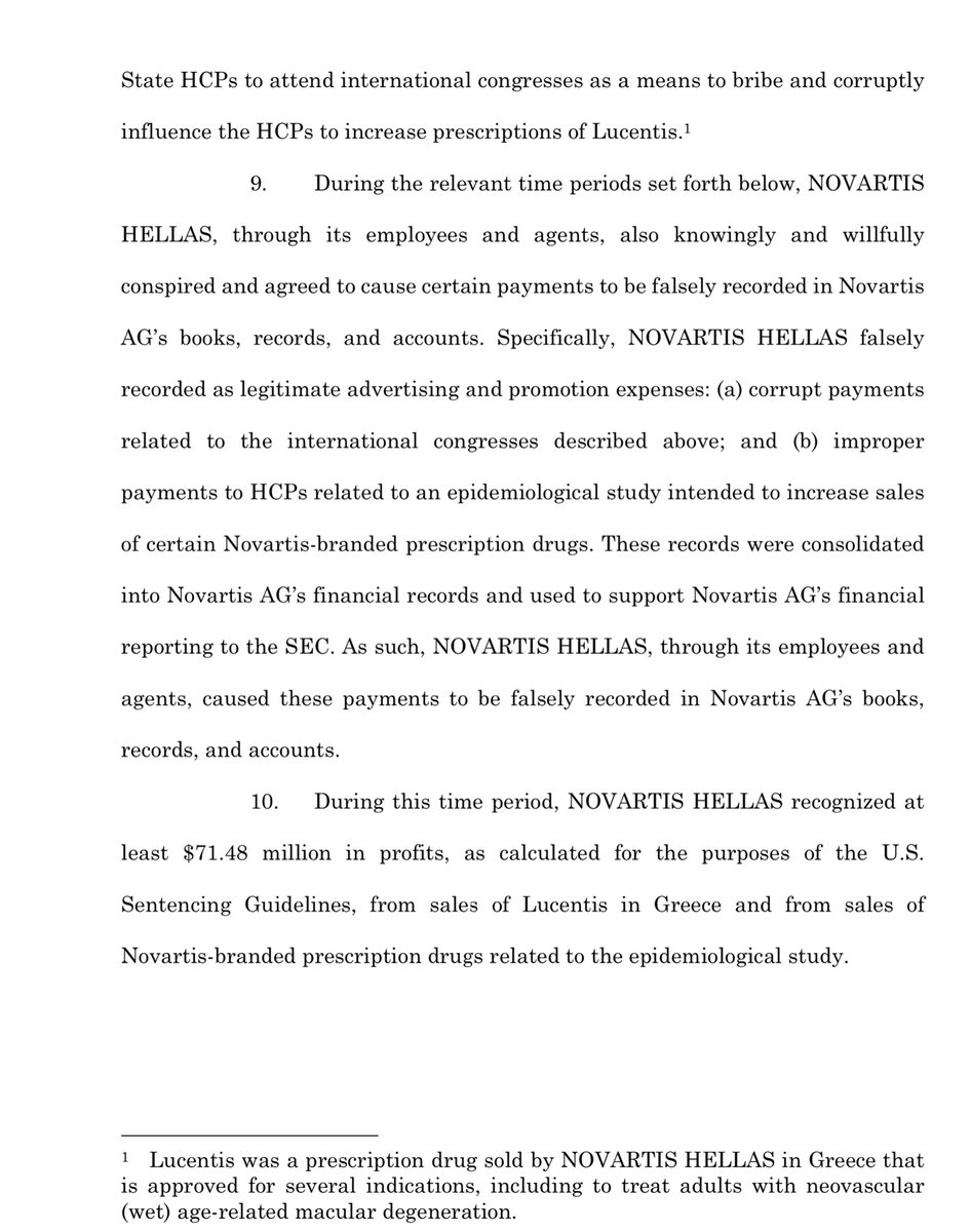 Waves NOVARTIS HELLAS so glad to see you join the FCPA & SEC crime-ing party“Novartis AG’s financial reporting to the SEC. As such, NOVARTIS HELLAS, through its employees and agents, caused these payments to be falsely recorded in Novartis AG’s books, records, and accounts...”