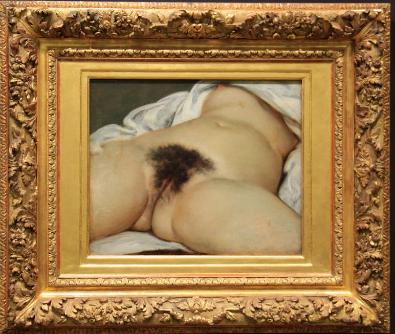 WhoresofYore's tweet image. On the left is Gustave Courbet’s 1866 “L'origine du monde” (Origin of the World). On the right is Orlan’s 1989 “Origine de la Guerre” (Origin of War)