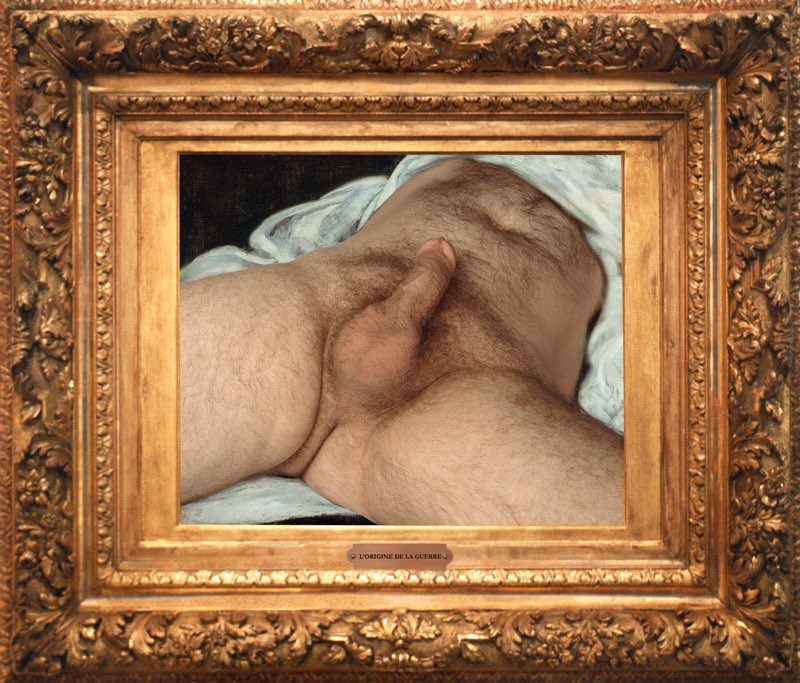 WhoresofYore's tweet image. On the left is Gustave Courbet’s 1866 “L'origine du monde” (Origin of the World). On the right is Orlan’s 1989 “Origine de la Guerre” (Origin of War)