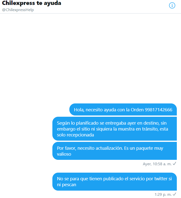 Pablo_To's tweet photo. No se cual es la idea de ofrecer servicios que no pueden ejecutar: "Entrega día hábil siguiente (5 días de retraso y contando)" y "Servicio vía Twitter" (1 día sin siquiera responder). Un asco @Chilexpress @ChilexpressHelp https://t.co/f4m6Q52seV
