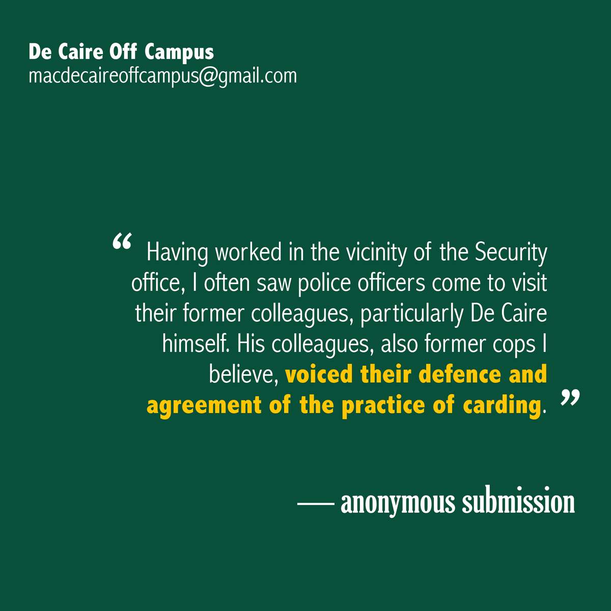copfreecampus's tweet photo. Meanwhile, De Caire's presence at McMaster continues to endanger students. How can you claim to be tackling anti-Black racism when your head of security and the friends he brings support racial profiling? https://t.co/xoYPQC8WxD