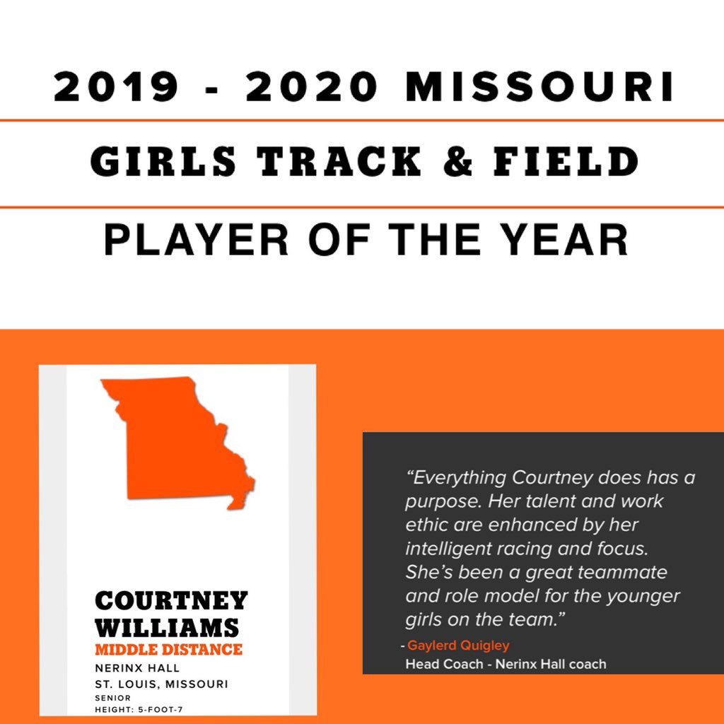 cwilliamstrack's tweet photo. blessed to be named the 2019-2020 Gatorade Missouri Girl’s Track and Field Player of the Year🧡
https://t.co/iZZzrNSCQA
@Gatorade
@milesplit @MoMileSplit @ClemsonTrackXC @DavidSTLhss @earlaustinjr  @stltoday @NerinxHall https://t.co/wHLzbHrVli