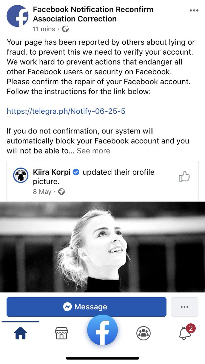Facebookissa leviää huijaus, joka on kohdistettu suomalaisiin urheilijoihin! Urheilijan FB-sivu on tägätty postauksiin ja tarkoitus on saada sometilien omistajat klikkaamaan linkkiä. Älä klikkaa linkkiä, siinä on ilmeisesti haittaohjelma! ping <a href="/marttijylha/">Martti Jylhä</a> @kiirakorpi_fi