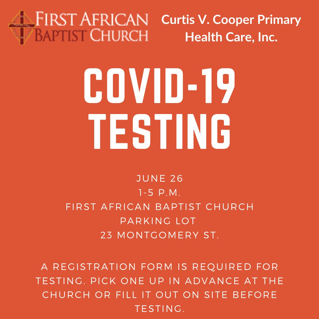 cityofsavannah's tweet photo. The Historic First African Baptist Church and Curtis V. Cooper Primary Health Care, Inc. are partnering to provide #COVID19 testing tomorrow, June 26, from 1 to 5 p.m. in the church parking lot at 23 Montgomery St.

#Savannah #Savannahga #covid19testing https://t.co/xSldKMMvHZ