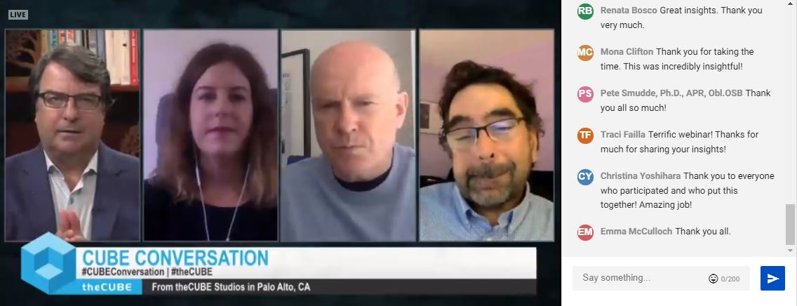 Thank you to host <a href="/furrier/">John Furrier</a> and to <a href="/WSJ/">The Wall Street Journal</a>'s <a href="/gerardtbaker/">Gerard Baker</a>, <a href="/barronsonline/">Barron's</a>'s <a href="/savitz/">Eric Savitz</a>, &amp; <a href="/Bloomberg/">Bloomberg</a>'s <a href="/BrennaGoth/">Brenna Goth</a> for a great discussion today! And thank you to everyone who joined and asked questions! #CUBEConversation #theCUBE